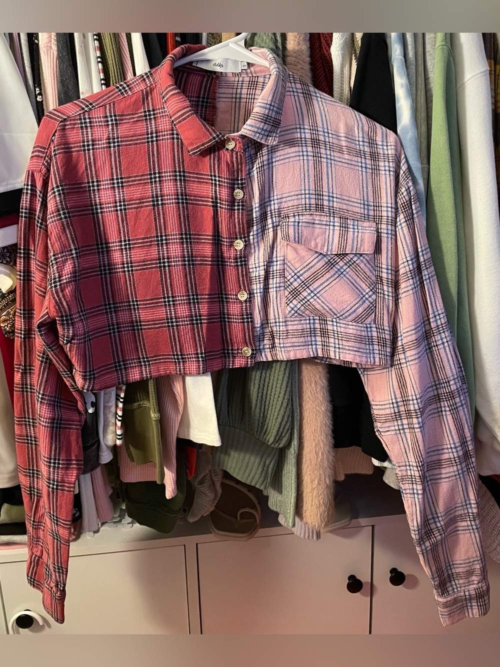 Adika Two-Tone Cropped Plaid Button-Down Top